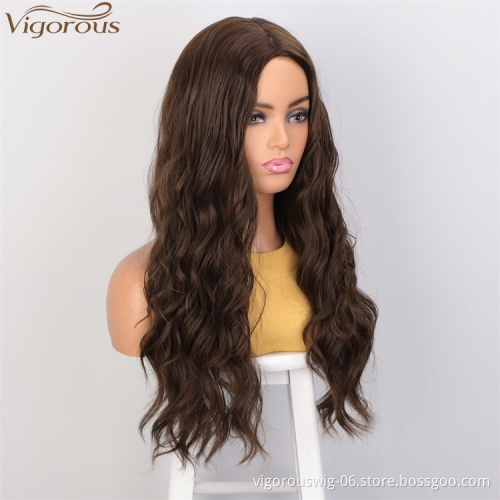 Vigorous High Temperature MediumBrown Long Wavy Wig Middle Part Synthetic Wigs For Black Women Wholesale Price